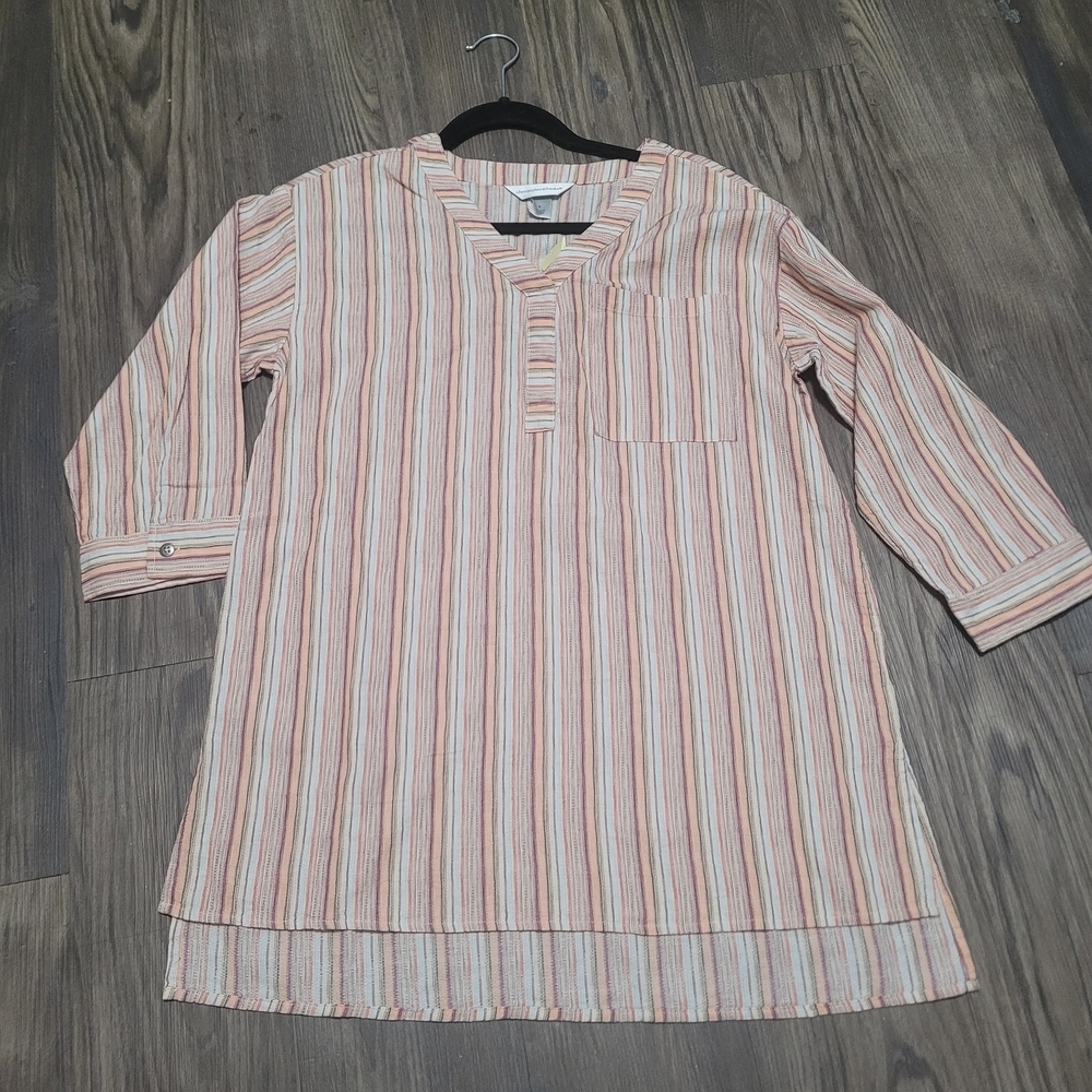 Christopher & Banks Striped Tunic - Orange, White, Tan 100% Cotton Oversized